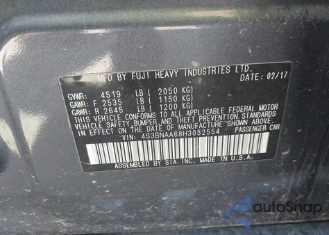 2017 Subaru Legacy 2.5I z USA, uszkodzony, nr VIN 4S3BNAA68H3052554